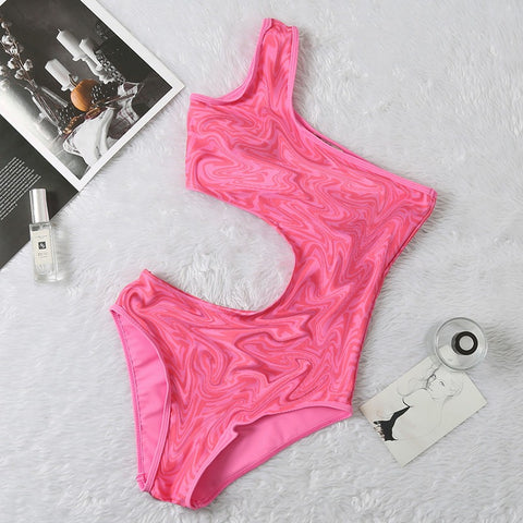 Cardiofashion Female Pink One-Shoulder One-Piece Waist-Revealing Slimming Bikini