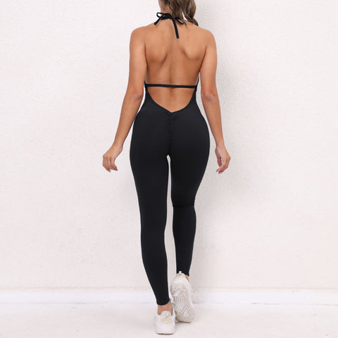 CardioFashion Female Deep V-neck Halter Scrunch Bum Jumpsuits