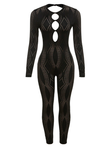 Cardiofashion Female Long Sleeve Mesh Cutout See-Through Jumpsuit