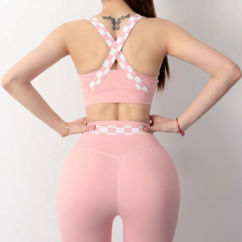 CardioFashion Female Chessboard Cross Back V Shaped-waist Tracksuits