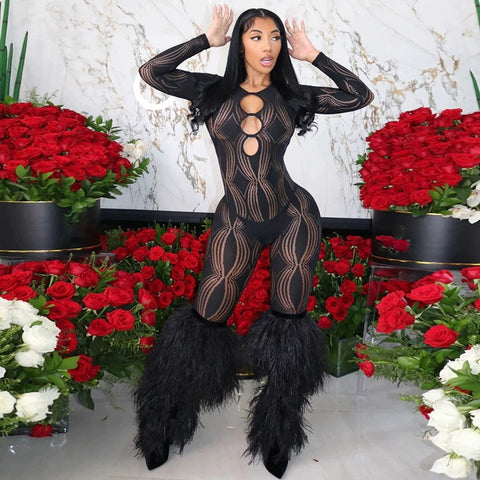 Cardiofashion Female Long Sleeve Mesh Cutout See-Through Jumpsuit