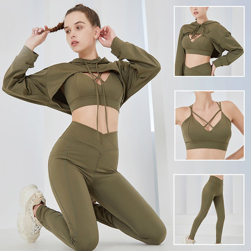 CardioFashion  Female Pocket Hollow Out V-shape Waist Hoodied Sportswear