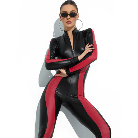 CardioFashion Female Faux Leather Zipper Contrast Color Jumpsuits