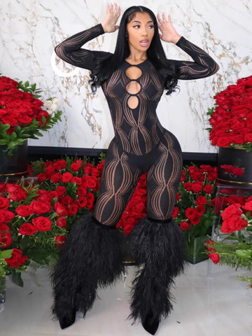 Cardiofashion Female Long Sleeve Mesh Cutout See-Through Jumpsuit