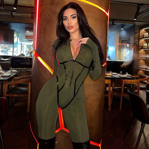 Cardiofashion Female Leather Webbing Long Sleeve Zipper Jumpsuit