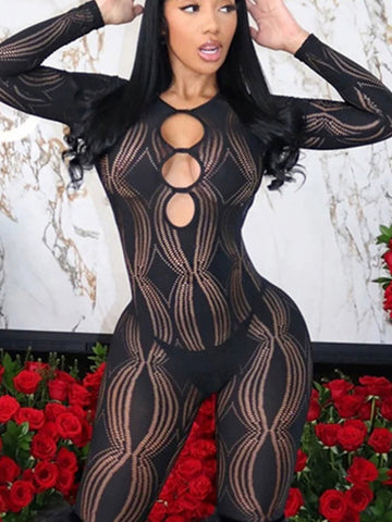 Cardiofashion Female Long Sleeve Mesh Cutout See-Through Jumpsuit