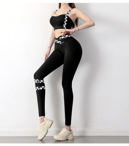 CardioFashion Female Chessboard Cross Back V Shaped-waist Tracksuits