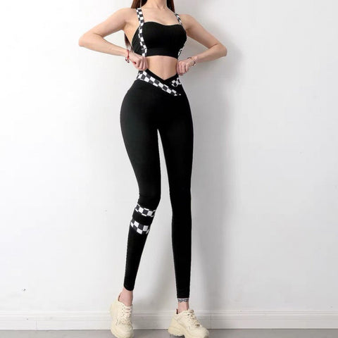 CardioFashion Female Chessboard Cross Back V Shaped-waist Tracksuits