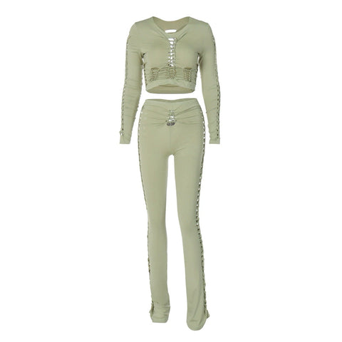 Cardiofashion Female Round Neck Long Sleeves Hollow Slim Fit Tracksuit