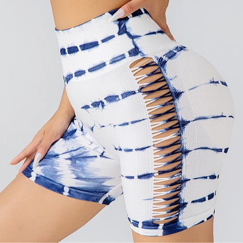 CardioFashion Female Hot Tie-dye Lace-up Scrunch Bum Shorts