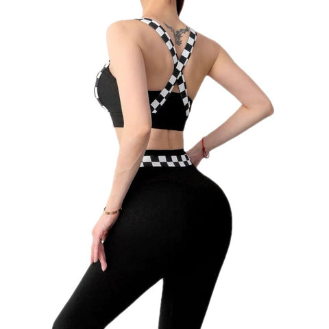 CardioFashion Female Chessboard Cross Back V Shaped-waist Tracksuits