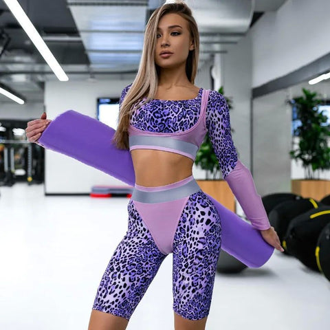 Cardio Fashion Female Without Padding Leopard Gym Short Tracksuit