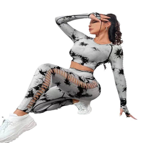 CardioFashion Female Tie Dye Hollow Long Sleeves Butt Lift Tracksuits