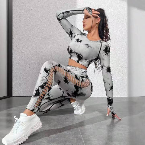 CardioFashion Female Tie Dye Hollow Long Sleeves Butt Lift Tracksuits