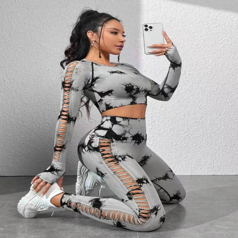 CardioFashion Female Tie Dye Hollow Long Sleeves Butt Lift Tracksuits