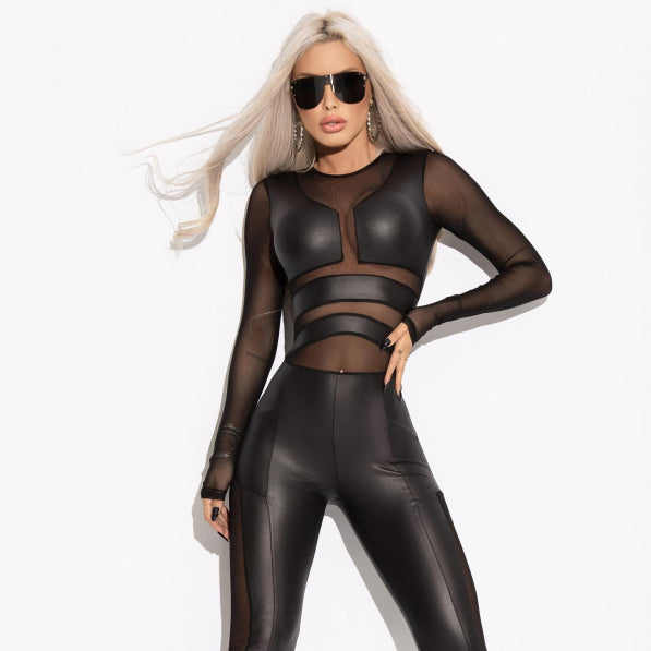 CardioFashion Female PU leather split mesh crew neck Jumpsuit